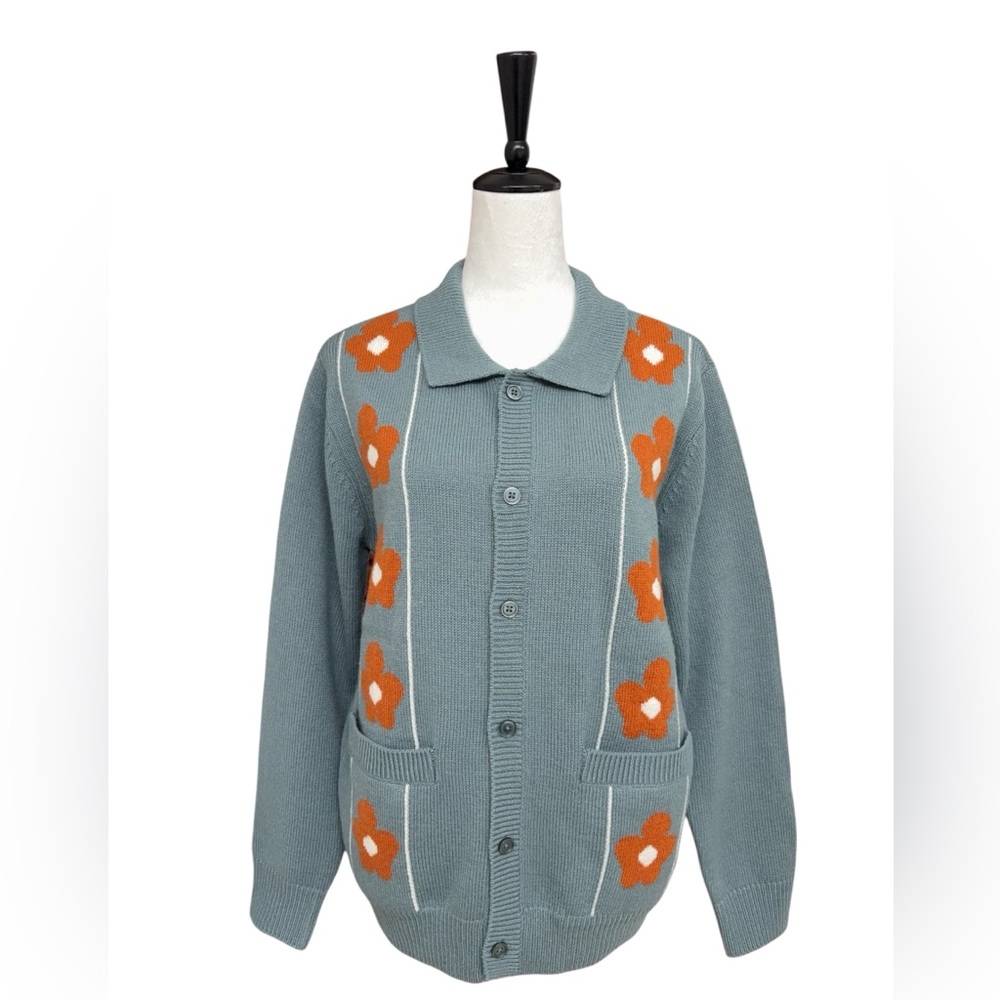 OBEY Floral Knit Cardigan Blue Orange Button Front Women’s S Retro